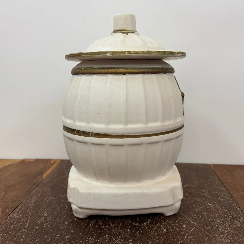 Vintage‎ Ceramic Wood Stove Cookie Jar White Gold Detail Cottagecore